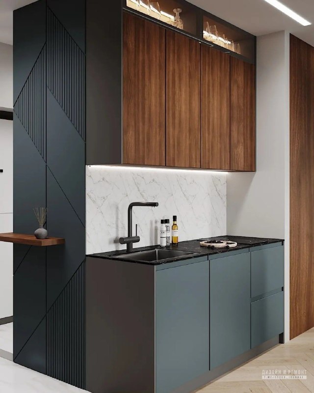 Квартира-студия 32 м Современный интерьер на стыке минимализма и лёгкой брутальности. Графит и изумруд работают в паре с тёплым деревом, а чёрный м... - изображение 1 - студия, дизайн, квартира
