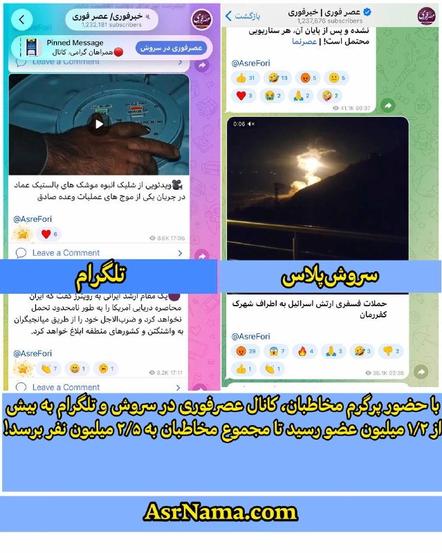 خبر فوری/ عصر فوری: مخاطبان و همراهان کانال عصرفوری در سروش پلاس و تلگرام به بیش از ۱/۲ میلیون نفر رسید❤️🙏https://t.me/AsreForihttps://splus
