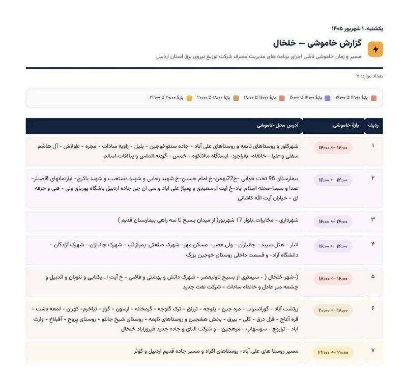 💎مجره؛ الماس سبز💎: 🔴 #اطلاعیه /قطعی برق💠 مسیر و زمان خاموشی احتمالی شهرستان خلخال📅 یک‌شنبه ۱ شهریور ۱۴۰۵⚡️ تایم قطع برق روستای مجره:🕙 ساعت 