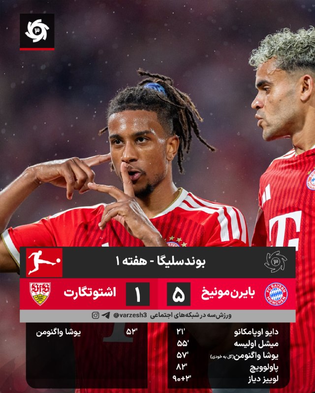 ورزش سه ✔: 🇩🇪🇩🇪 ترکیب بایرن مونیخ برابر اشتوتگارت 🇩🇪 هفته اول 🏟 آلیانز استادیوم ⏰ ساعت 22:00 🆔@varzesh3رقابتی که در آن همیشه حرف او