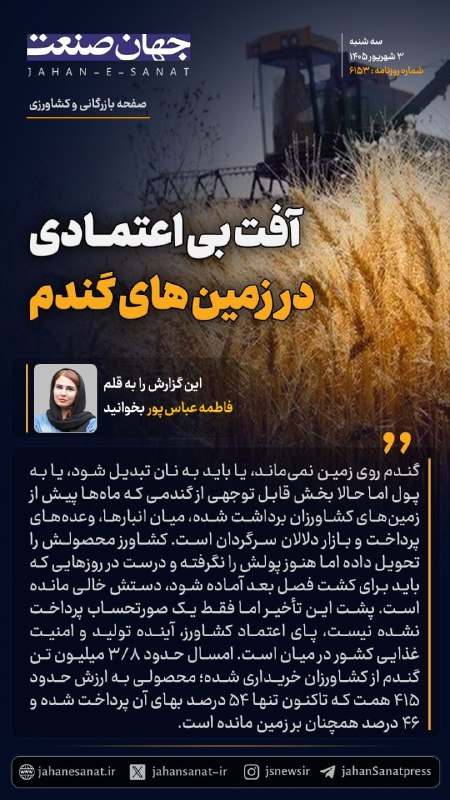 روزنامه جهان‌صنعت: 🟦آفت بی‌اعتمادی در زمین‌های گندم#جهان_صنعت گزارش می‌دهد؛ گندم روی زمین نمی‌ماند، یا باید به نان تبدیل شود، یا به پول اما