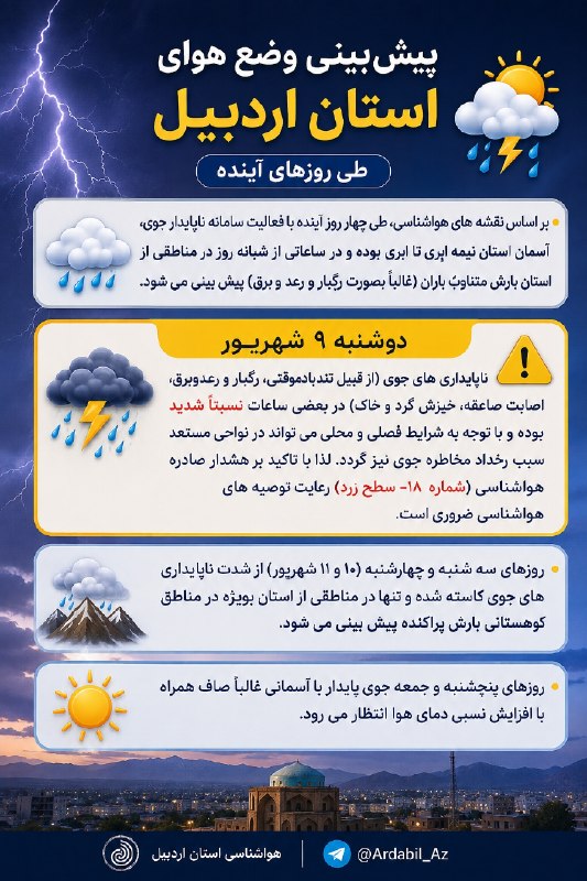 کانال اردبیل آذ | Ardabil Az: 🌤️🌧️⛈️ پیش بینی وضع هوای استان اردبیل طی روزهای آینده @Ardabil_Az