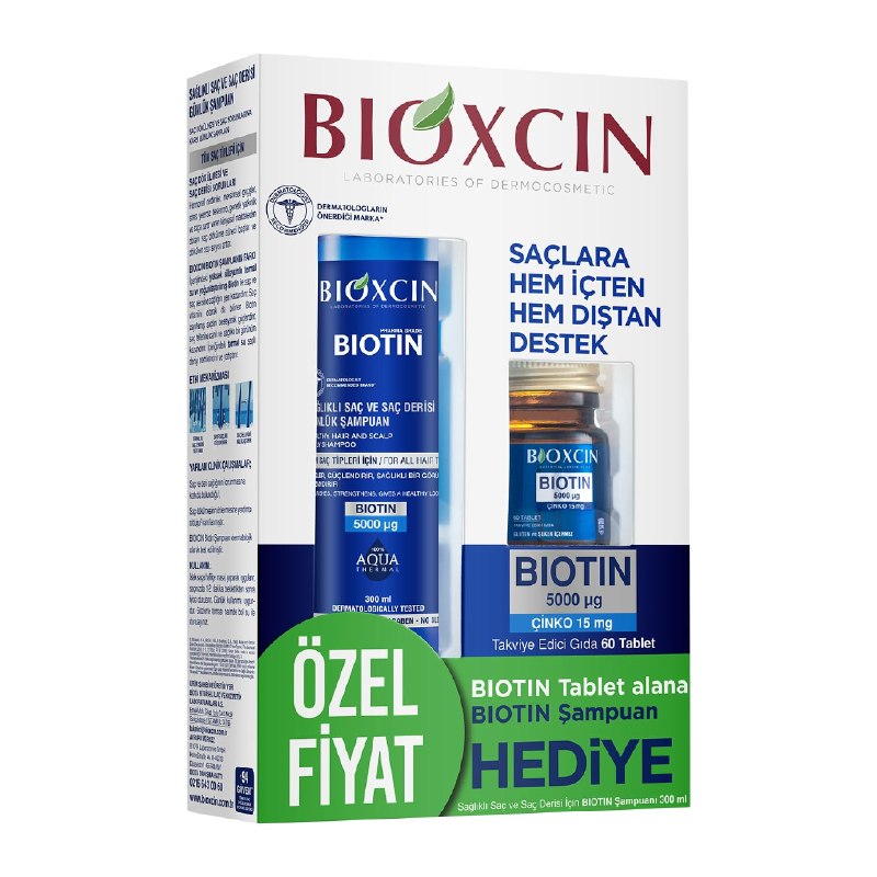 Bioxcin Biotin Saç Bakım Seti – Dökülme Karşıtı Şampuan 300 ml Biotin 5000 mcg 60 Tablet – Saç Sağlığı İçin Takviye Edici Set Bioxcin Biotin