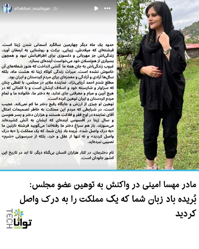 تواناتک Tavaanatech: استوری مادر مهسا امینی در واکنش به توهین عضو مجلسمژگان افتخاری، مادر مهسا امینی در واکنش به صحبت‌های توهین‌آمیز احمد آری