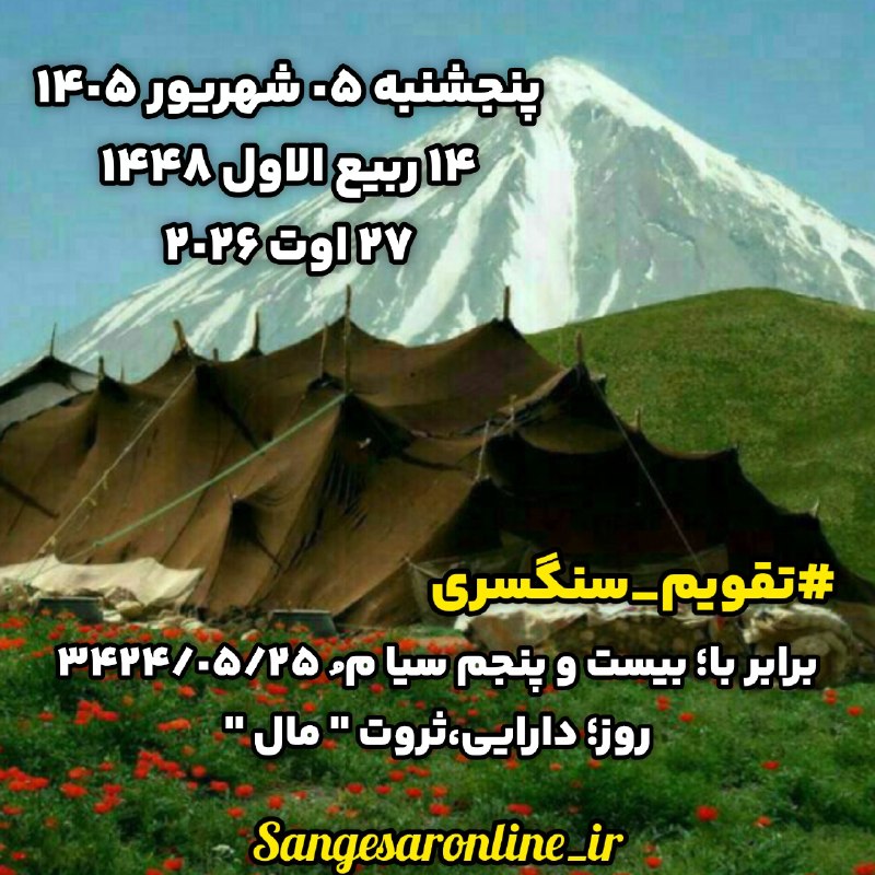 کهن دیارم سنگسر: پنجشنبه ٠۵ شهریور ١۴٠۵١۴ ربیع الاول ١۴۴٨٢٧ اوت ٢٠٢۶#تقویم_سنگسری👇برابر با؛ بیست و پنجم سیا م ُ ٣۴٢۴/٠۵/٢۵روز؛ دارایی،ثرو