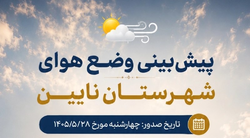 کانالِ دیوارِنایین_DivareNaein: 🌫پیشبینی وضع هوای شهرستان نایین تاریخ صدور: چهارشنبه مورخ ١۴۰۵/۵/۲۸🔰تا اواسط هفته آینده گاهی وزش باد ملایم تا نسبتاً شد