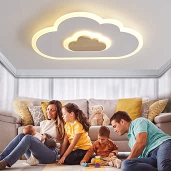 AOEH LED Deckenleuchte Schlafzimmer Kinderzimmerlampe Deckenlampe Deckenleuchte für Kinder Wolken deckenleuchte Holz Stufenloses Dimmen mit Fernbedienung Mit Nachtlichtfunktion 40cm