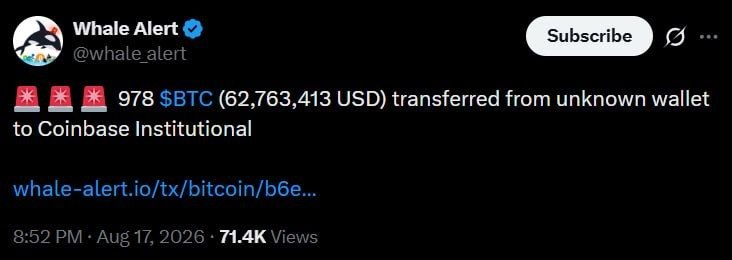 Rastad | راستاد: 💰همزمان 978 بیتکوین به ارزش 62.7 میلیون دلار از یک کیفپول ناشناس به Coinbase منتقل شده اتفاقی که میتونه احتمال افزایش