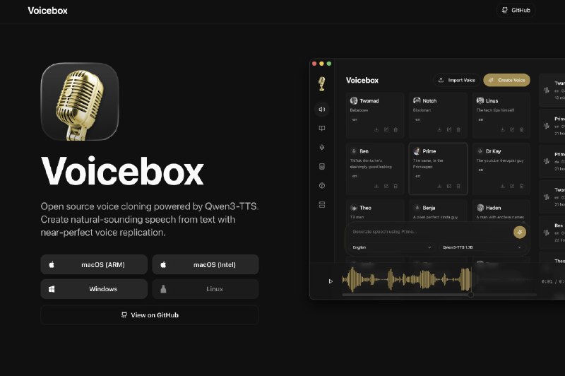 发现个搞音频的宝藏开源项目：Voicebox这是一个能在你自己电脑上（Mac 和 Win 都支持）完全本地运行的免费语音克隆和生成工具，底层套的是阿里的 Qwen3-TTS 模型