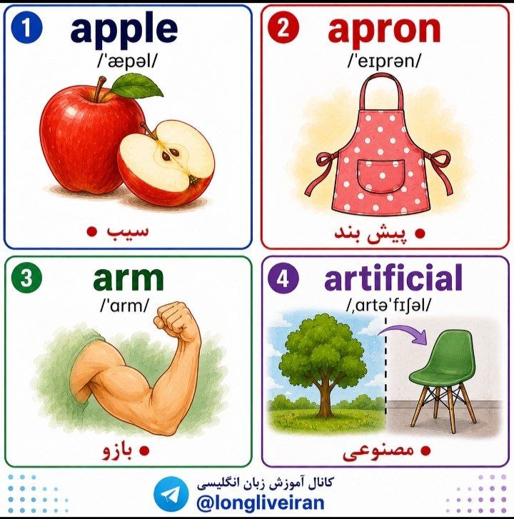 آموزش زبان انگلیسی: Page... 6🔷apple /'æpəl/🔴سیب. 🔷apron/'eɪprən/🔴پیش بند. 🔷arm/'ɑrm/🔴بازو🔷artificial /,ɑrtə'fɪʃəl/🔴مصنوعی#لغت @longliveiran