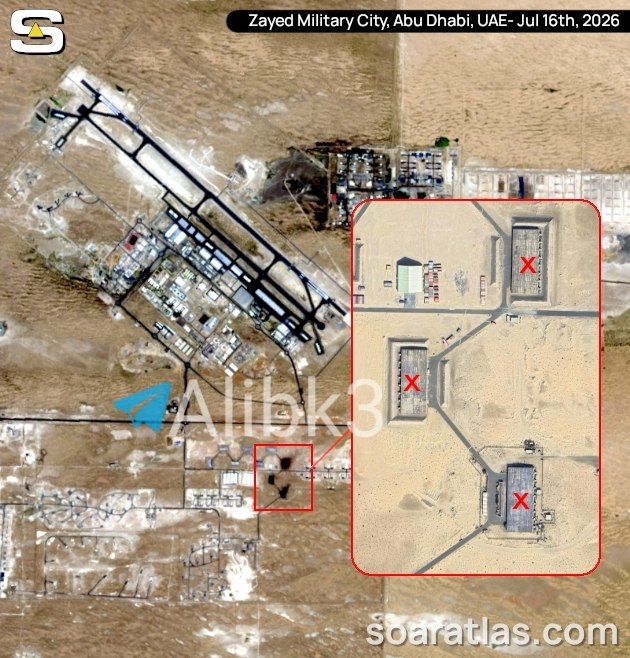 תמונות לוויין מציגות הרס מוחלט של שלושה מבנים בעיר הצבאית זאיד באבו דאבי שבאיחוד האמירויות.