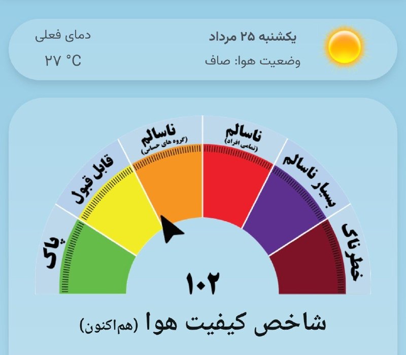 اخبار فرهنگیان (خراسان رضوی): 💢 صبح یکشنبه تون بخیر 🌍هوای مشهد؛ یکشنبه ۴۰۵/۰۵/۲۵🌞 صاف 🔴حداکثر دما: ۳۶+🔵حداقل دما:۲۳+🟡کیفیت هم اکنون هوای مشهد: ۱۰۲/ نا
