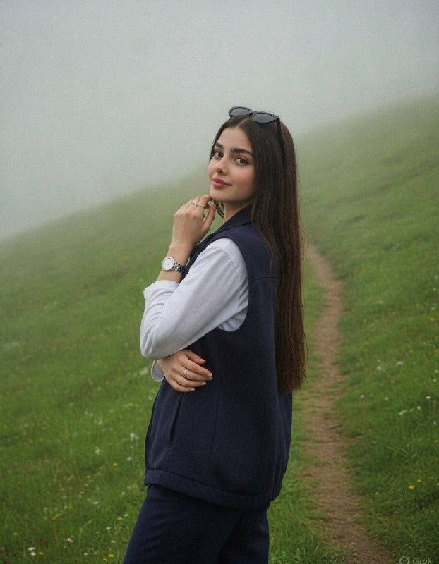 هوش مصنوعی و پرامپت | لیوان: پرامپت:A natural candid smartphone photo of a young woman standing on a quiet grassy hillside surrounded by soft mist. S