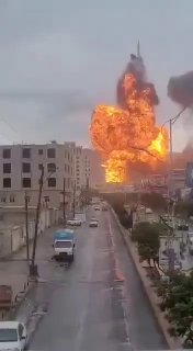 The first moments of targeting the oil company in the Yemeni Sabha area in Sana'a by Saudi planes.
