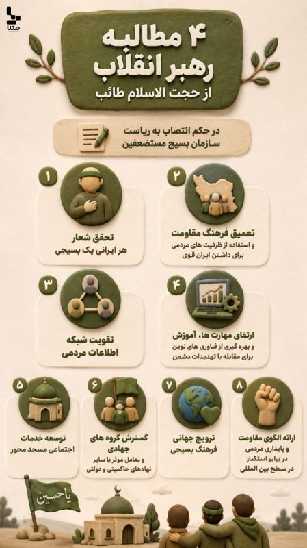 متنا هرمزگان: #اینفوگرافیک | ۴مطالبه رهبر انقلاب از حجت الاسلام طائب#دوران_جدید_بسیج🔖اثر:زينب پیروی 🌐 متنا شهرستان بندرلنگه سازمان فضا