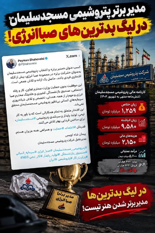 ایران اقتصادی | اخبار مهم: 🔹 مدیر برتر پتروشیمی مسجدسلیمان در لیگ بدترین‌های صباانرژی! / 🖼پیمان شاه ویسی مدیرعامل پتروشیمی مسجدسلیمان در توییتی اعل