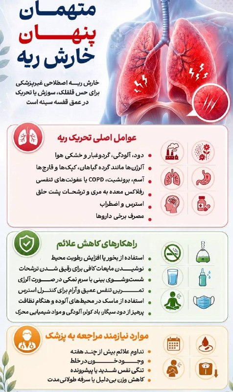 اخبار تهران: ‼️متهمان پنهان خارش ریه🔸خارش ریه اصطلاحی غیرپزشکی برای حس قلقلک، سوزش یا تحریک در عمق قفسه سینه است@akhbartehran