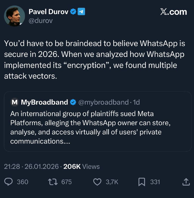 ⚡️ "Нужно быть полным идиотом, чтобы верить в безопасность WhatsApp в 2026 году": Павел Дуров раскритиковал мессенджер за шифрование данных фото
