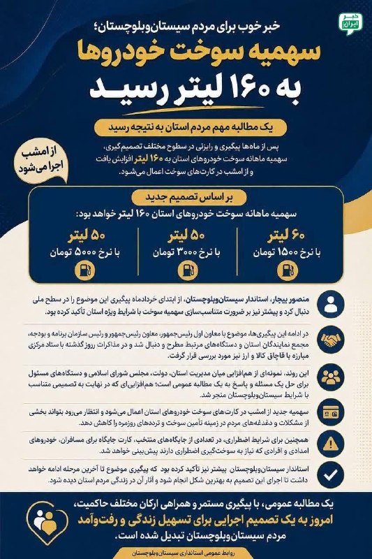 خبر اصفهان: سهمیۀ بنزین خودروها در سیستانوبلوچستان به ۱۶۰ لیتر افزایش یافت @Isfahan_news24