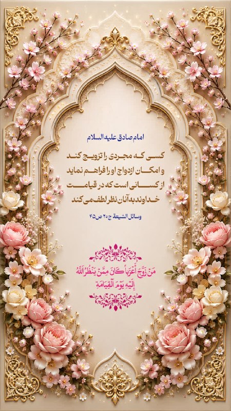 عطر قرآن: 💠امام صادق عليه السلام 🔹مَنْ زَوَّجَ أَعْزَباً كَانَ مِمَّنْ يَنْظُرُ اَللَّهُ إِلَيْهِ يَوْمَ اَلْقِيَامَةِ 🔸كسى كه مجر