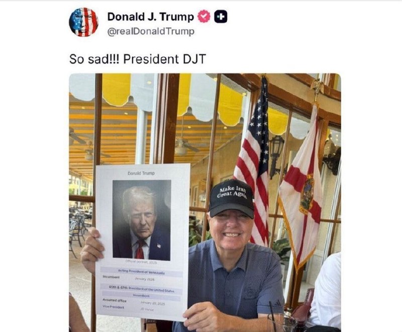 🚨דונלד טראמפ פרסם תמונה של לינדזי גרהם ב-Truth Social עם כובע כתוב עליה: "Make Iran Great Again"
