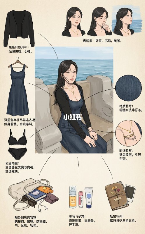 🏕️角色设定拆解图——文静休闲系女孩今天这是「文静休闲系美女」设定拆解 ——1️⃣ 淡蓝泡泡袖 + 百褶裙+换衣间里光脚跷腿的松弛坐姿2️⃣ 牛仔裙 + 针织开衫+海边温柔姐姐的氛围3️⃣粗花呢小香套装+精致大小姐的优雅文静休闲的设定里藏着比海浪还疯的心事