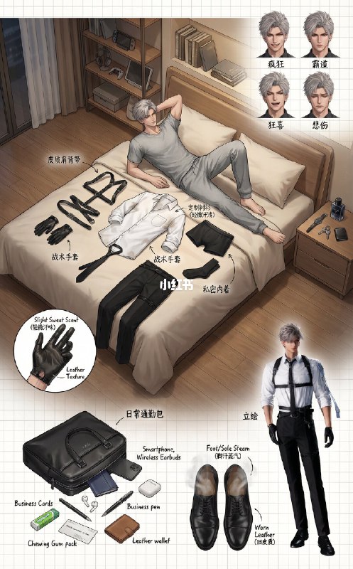 ⌚️角色设定拆解图——精英男女❄️冷酷银发精英，白衬衫+黑背带+战术皮手套，皮鞋锃亮，公文包塞满名片钢笔耳机☕️米色西装职场姐姐，手持咖啡杯，珍珠平底鞋，包里名片口红豆沙色调脂关注我 + 私信发图=直接安排，得到拆截图提示词如下：Role(角色设定)你是一位顶尖的游戏与动漫概念美术设计大师(concept Artist)，擅长制作详尽的角色设定图(character sheet)