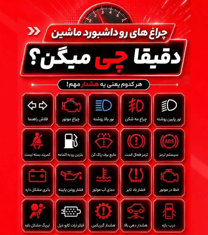 اخبار فارس: ♦️ چراغهای هشدار خودرو را جدی بگیرید!🔹 چراغهای روشن روی صفحه کیلومتر فقط یک علامت نیستند؛ هر کدام پیامی مهم درباره وضع
