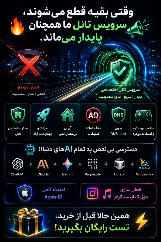 توییتی: ​🔥 وقتی بقیه قطع می‌شوند، سرویس تانل ما همچنان پایدار می‌ماند. 📣⚡️ بستر اختصاصی تانل ⚡️ سرعت و پهنای باند آزاد⚡️ آی‌پی ر