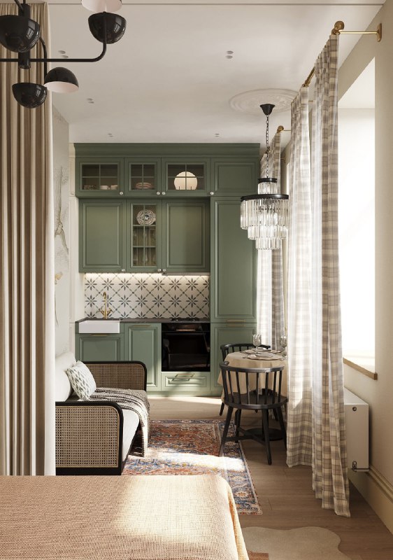 Квартира-студия 40 м в старом жилом фонде в Санкт-Петербурге Интерьер выдержан в спокойной палитре светло-бежевые стены, оливковый реечный декор и ... - изображение 4 - студия, интерьер, декор