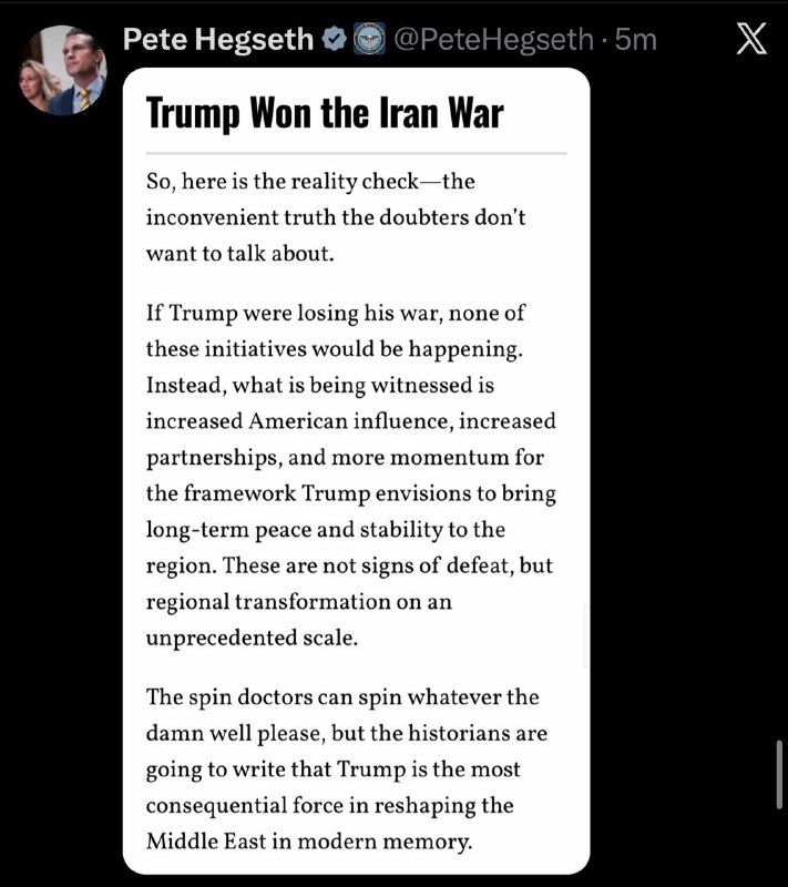 🇺🇸🇮🇷💢 פיט הגסת', שר המלחמה האמריקני, פרסם לפני מספר דקות טקסט בחשבון ה-X הרשמי שלו עם הכותרת "טראמפ ני…