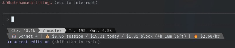 Полезная утилита для Claude CodeМой коллега по AI-цеху Константин Доронин недавно показал у себя на канале крутую утилиту ccstatusline. Я уже успел заценить и рассказываю вам!1. Claude Code недавно добавили такую фичу как statusline. Теперь под окном ввода сообщения можно показывать различную полезную информацию напоминает вайб любителей вывести показатели системы на экран на Android, Linux2. Как только эта фича появилась, я установил statusline от ccusage — для мониторинга текущих расходов и отслеживания времени до окончания окна блока (на скрине вторая строчка)3. Теперь с помощью ccstatusline я могу добавить самую полезную функцию: отслеживать размер текущего контекстного окна в токенахЭто позволит мне понимать, насколько сильно модель может галлюцинировать и понимать, в какой момент всё же стоит начать новый чат!Пояснение к скрину:Первая строка: текущий размер контекста (ctx); текущая ветка; текущее количество отправленных токенов через чат,, текущее количество полученных токеновВторая строчка: custom command ccusage. Она показывает: текущая модель; текущий расход средств; расход денег в часЕсли вы тоже работаете в Claude Code - переходите к Косте на канал и устанавливайте, рекомендую!#ai_coding_tools@the_ai_architect✔️ The AI Architect Blog, подписывайтесь!