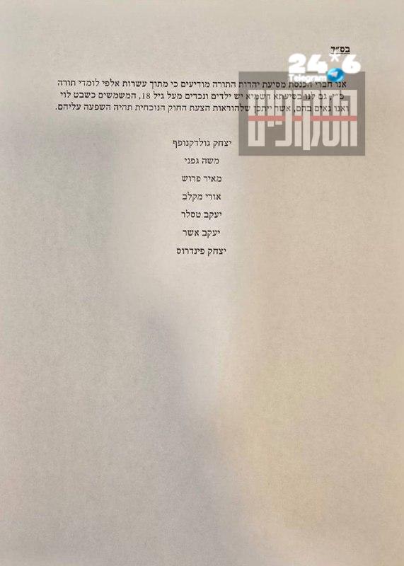 🇮🇱 חברי הכנסת של ש"ס ויהדות התורה בגילוי נאות לפני ההצבעה על חוק הפטור ממעצרי עריקים: "יש לנו ילדים ונכדי…