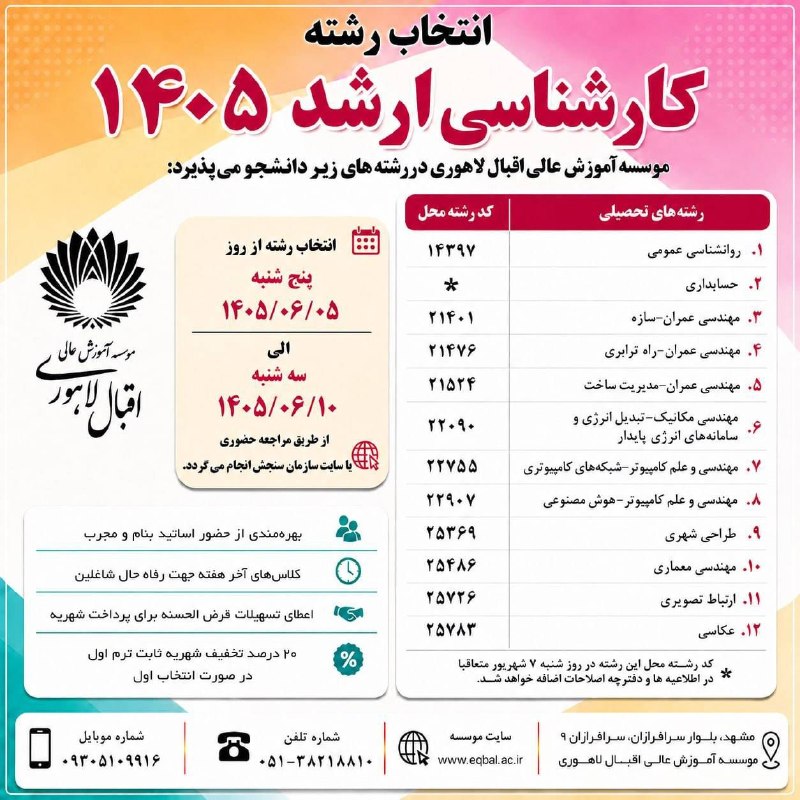 سیاسی مشهد: #کارشناسی_ارشد_۱۴۰۵مؤسسه آموزش عالی اقبال لاهوری در 12 رشته-گرایش: فنی و مهندسی، هنر و معماری و علوم انسانی از میان داو