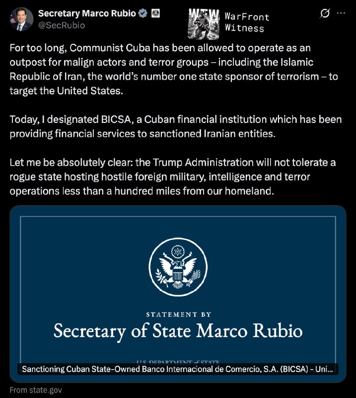 U.S. Secretary of State Marco Rubio has sanctioned Cuba's state-owned Bank for International Trade (BICSA) for providing financial services to Iran-sanctioned Bank Crafrin since at least 2022. "For too long, communist Cuba has been allowed to operate as an outpost for malicious actors and terrorist groups — including the Islamic Republic of Iran, the world's number one sponsor of terrorism — to harm the United States," Rubio said. "The Trump administration will not tolerate a rogue state hosting hostile foreign military, intelligence and terrorist operations less than 100 miles from our homeland."