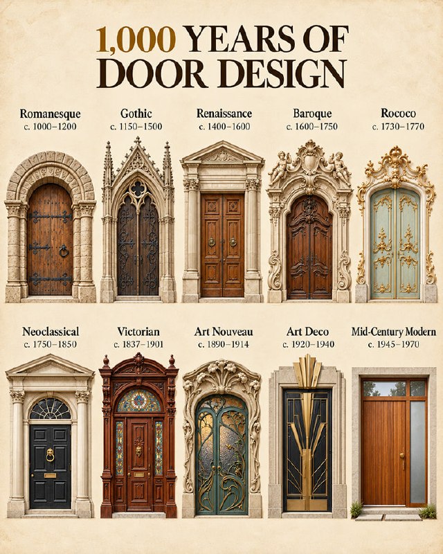 A thousand years of architectural history, told through doors.From Romanesque arches and Gothic tracery to Rococo ornament, Art Nouveau curves, and the clean lines of Mid-Century Modern design, entrances reflect the changing tastes, materials, and craftsmanship of their time.These illustrations represent ten styles in Western architecture. Dates are approximate, and styles often overlapped and varied by region.Did you know? 🎓
