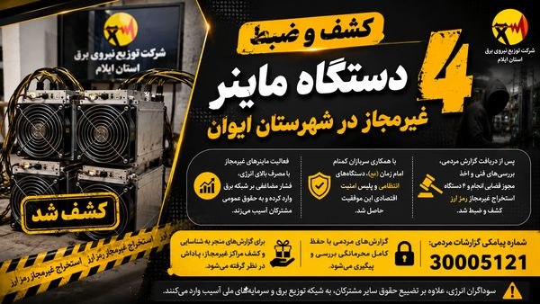 🌹مردم ایوانغرب🌹: کشف و ضبط ۴ دستگاه ماینر غیرمجاز در ایوان🔹مدیرعامل شرکت توزیع نیروی برق استان ایلام: ۴ دستگاه استخراج غیرمجاز رمز ارز در