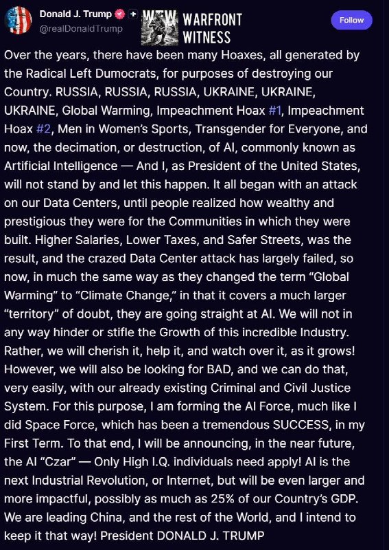 ️🇺🇲 US President Trump announced via TruthSocial that he is establishing an artificial intelligence force, modeled after the space force, and will soon appoint an artificial intelligence "tsar":