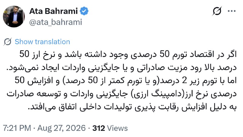 ON TIME: 🔹اگر در اقتصاد تورم 50 درصدی وجود داشته باشد و نرخ ارز 50 درصد بالا رود مزیت صادراتی و یا جایگزینی واردات ایجاد نمیشود.