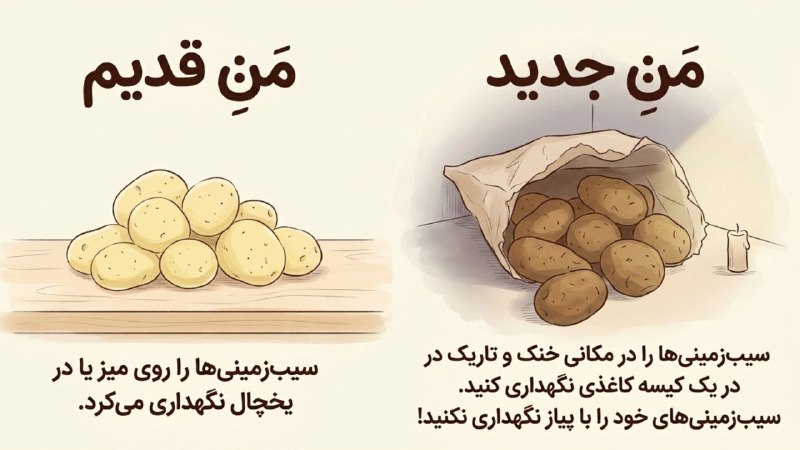 نی‌نی سایت :: ninisite: #نوعروسیکی دیگه از تکنیک‌هایی که نوعروس‌ها باید یاد بگیرن، نحوه نگهداری از پیاز و سیب‌زمینیه!مراقب باشید سیب‌زمینی‌ها جو