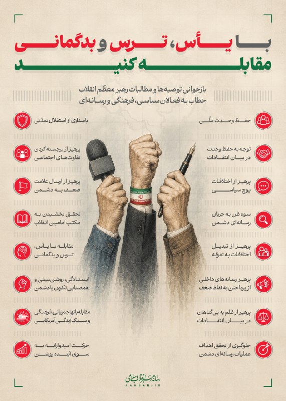 خبرگزاری شهر: 🔶 با یأس، ترس و بدگمانی مقابله کنید🔹بازخوانی توصیه‌ها و مطالبات رهبر معظم انقلاب خطاب به فعالان سیاسی، فرهنگی و رسانه‌ای