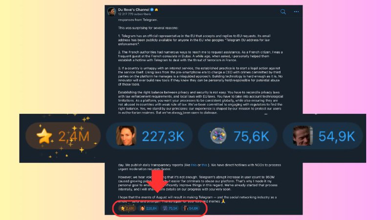 ⭐️Have you seen the number of stars on Durov’s latest post? 2.4M stars⭐️ = $46,000Do you think he boosted them himself, or did the users really give that many? What do you think?🤔