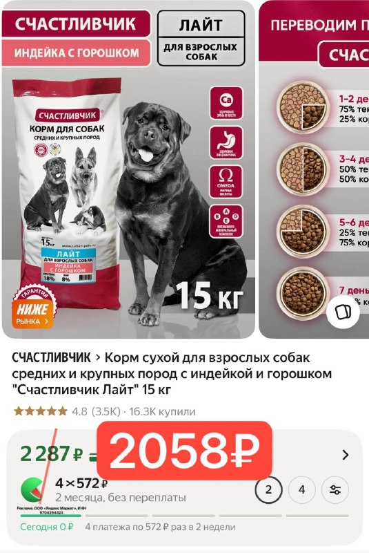 Корм сухой для взрослых собак средних и крупных пород с индейкой и горошком "Счастливчик Лайт" 15 кг
