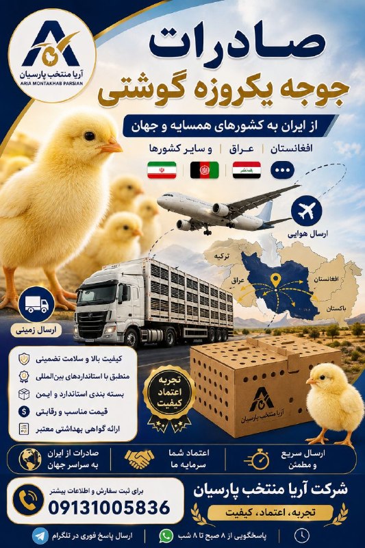 Ariamontakhab: 🌍 جوجه ایرانی، مقصدهای منطقه‌ایصادرات جوجه یک‌روزه گوشتی از ایران به افغانستان، عراق و کشورهای منطقه🐥 کیفیت قابل اعتماد📦