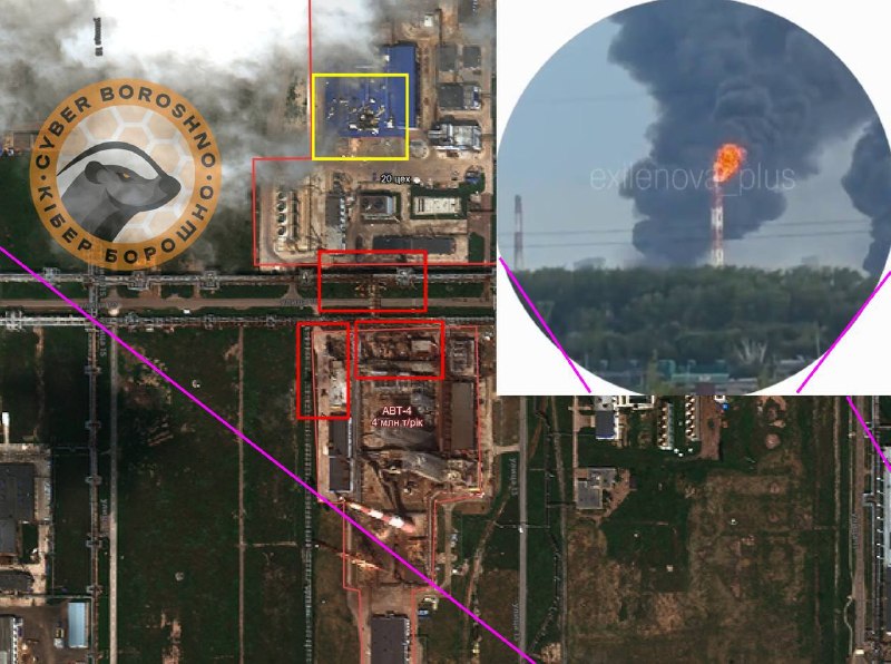 Satellite imagery confirms damage to both primary crude distillation units at Gazprom Neftekhim Salavat after the July 14 strike.