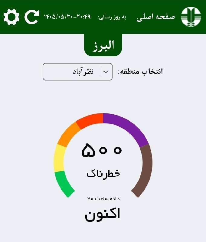 ساوجبلاغ نیوز: 🚨هوای نظرآباد آمپر چسبوند ساوجبلاغ خطرناک شد،🔹️ نظرآباد با شاخص ۵٠٠ در وضعیت بسیار خطرناک است، ساوجبلاغ هم روی ٣١١ در وض