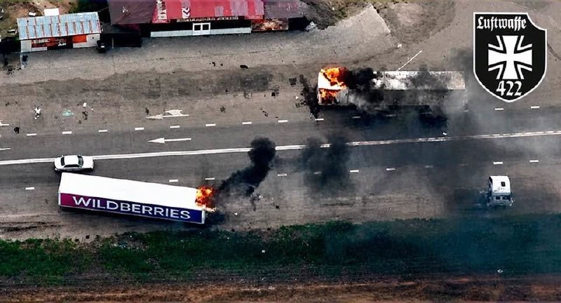 A video from near occupied Prymorsk shows the aftermath of a strike on Wildberries trucks.
