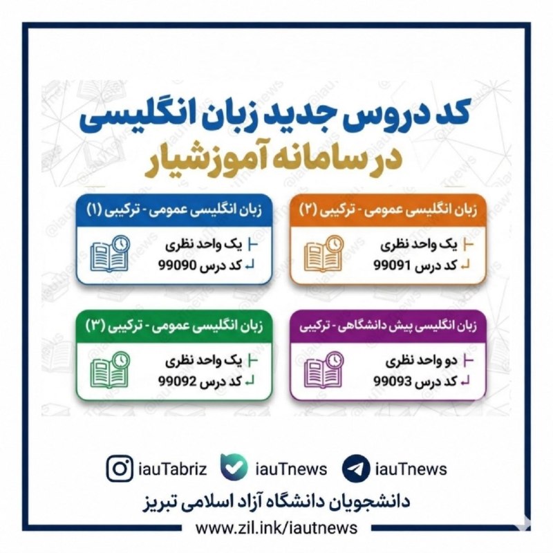 دانشجویان دانشگاه آزاد اسلامی تبریز: 🔴 کد دروس جدید زبان انگلیسی در سامانه آموزشیار/◀️مطابق بخشنامه جدید درس زبان انگلیسی، دانشجویانی که شامل بخشنامه فوق می‌