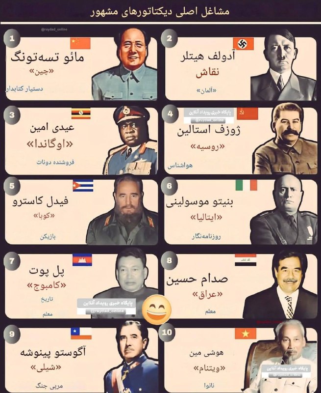 سهام نیوز: ✅شغل های اصلی 10 دیکتاتور مشهور جهان جهان تعداد زیادی رهبر دیکتاتور به خود دیده که زندگی مردم کشورهای خود و یا دیگر کشور