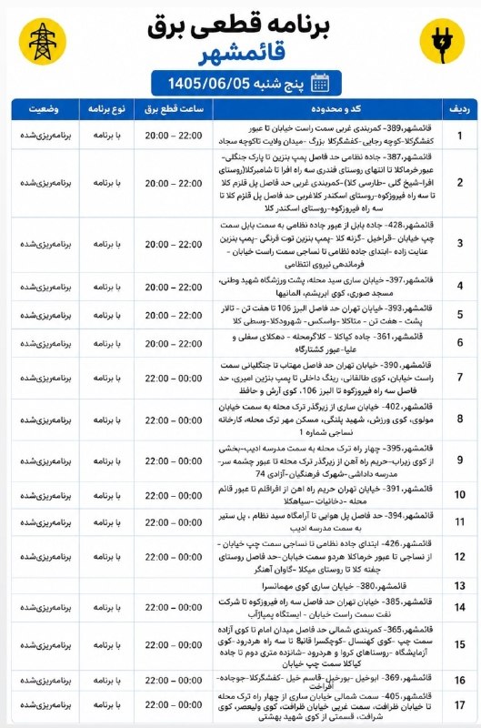 کانال بزرگ قائمشهر: ❌جدول خاموشی برق پنجشنبه ۵ شهریورماه در قائمشهرکانال بزرگ قائمشهر:👇🆔 @join2qaem❌جدول خاموشی برق پنجشنبه ۵ شهریورماه در ق